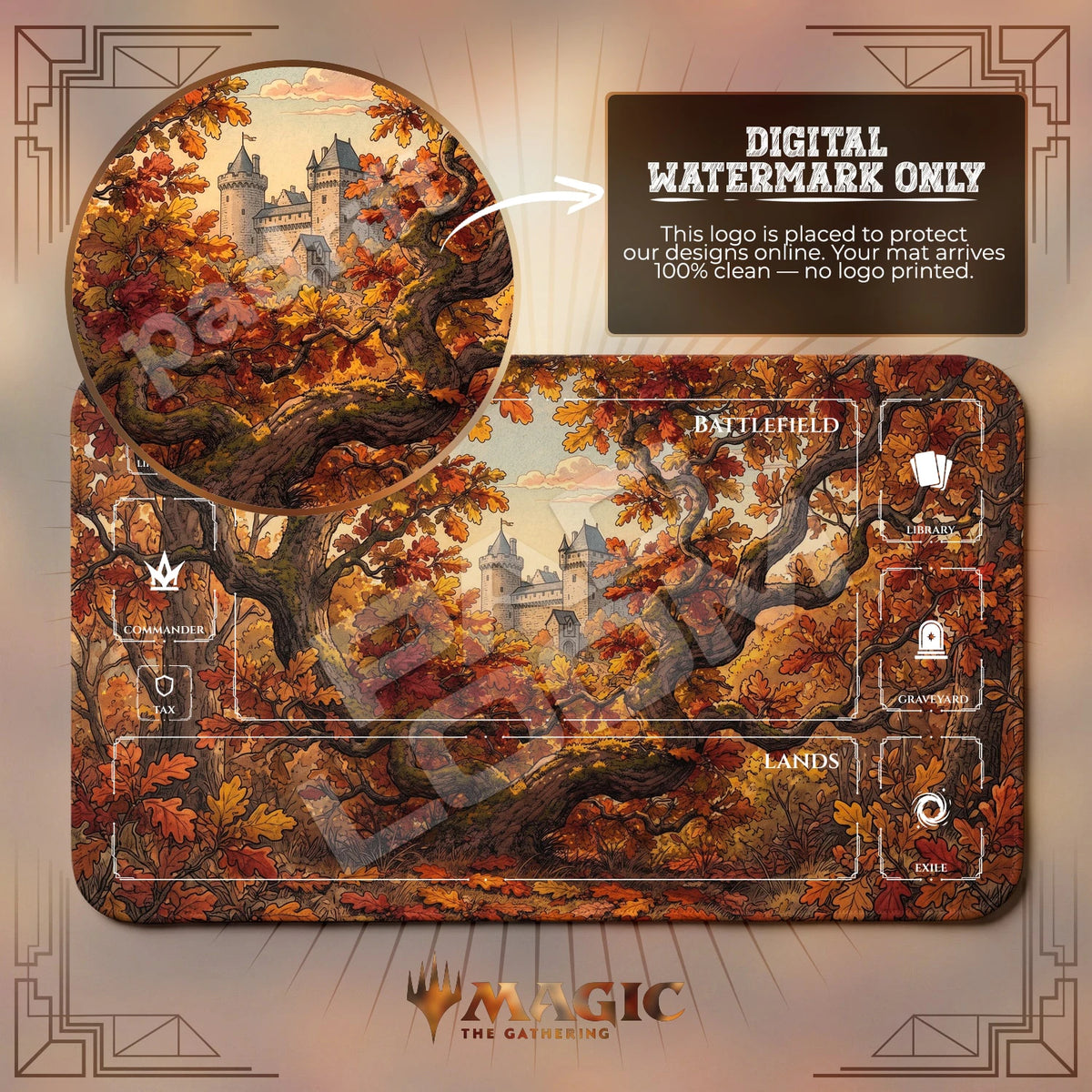 Autumn Forest Castle MTG playmat with zones; the Padloom watermark is digital only, not printed