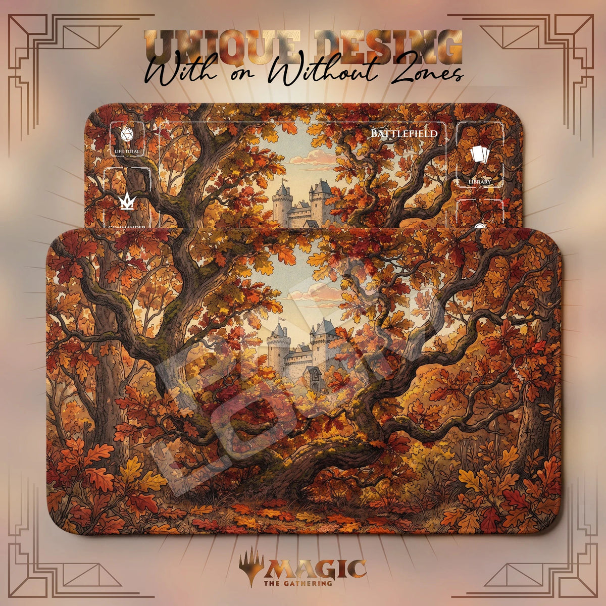 Autumn Forest Castle MTG playmat shown with zones and without zones