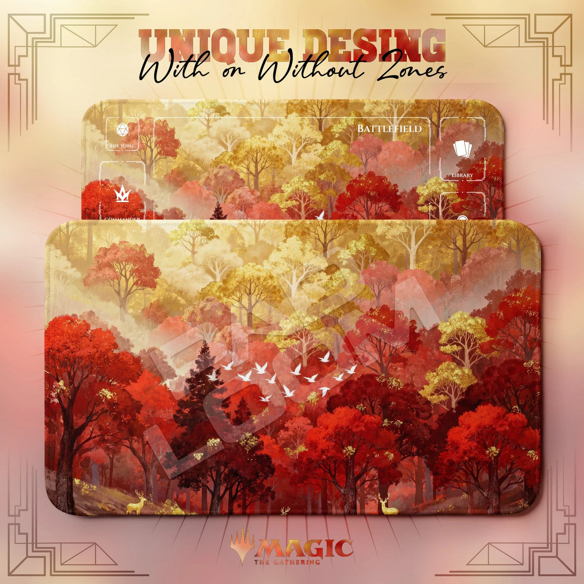 Autumn Forest Deer MTG playmat shown with zones and without zones