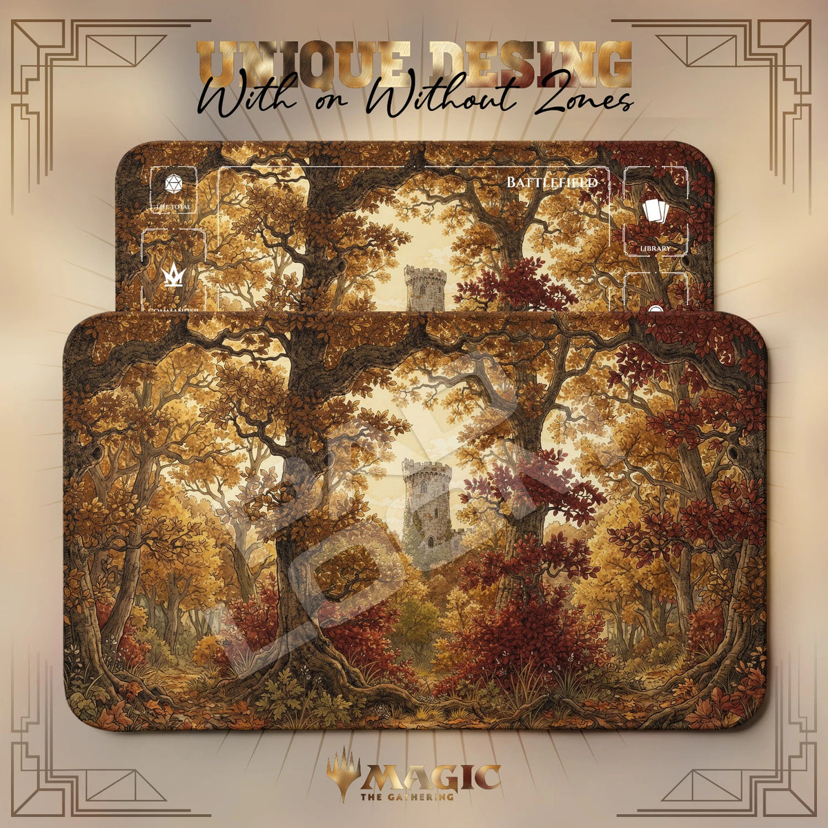Autumn Forest Tower MTG playmat shown with zones and without zones