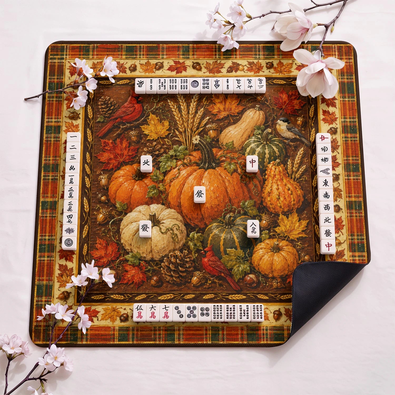 Autumn Harvest design close-up on mahjong mat surface