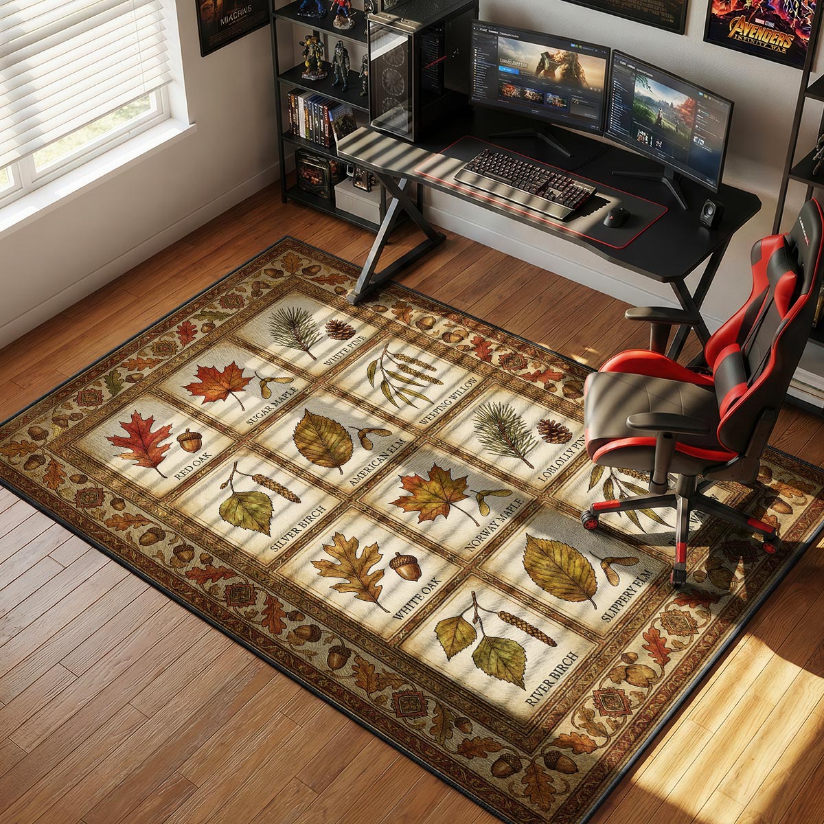 Autumn leaves kitchen rug placed on wooden floor in a farmhouse-style kitchen with warm lighting