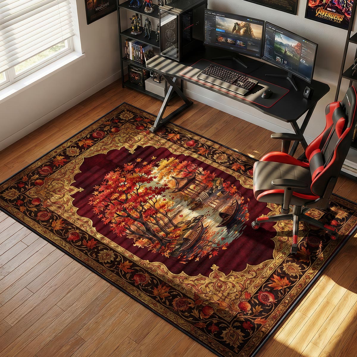 Japanese maple rug placed in a cozy den with leather armchair and warm overhead lighting