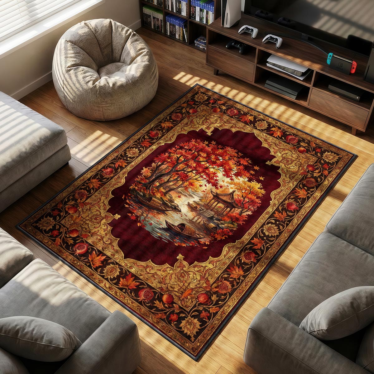 Close-up of autumn river rug showing falling maple leaves and gold pomegranate border on plush fiber