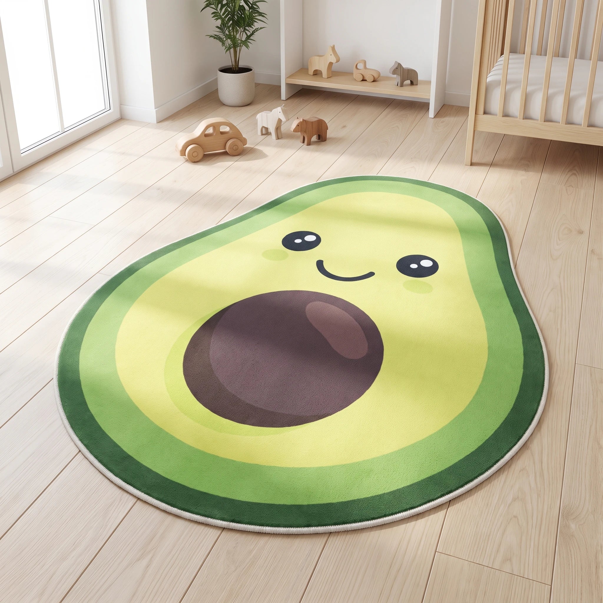 Avocado shaped rug shown in a room setting