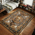 AWESOM-O cardboard robot South Park area rug with film scripts on brown gold tapestry