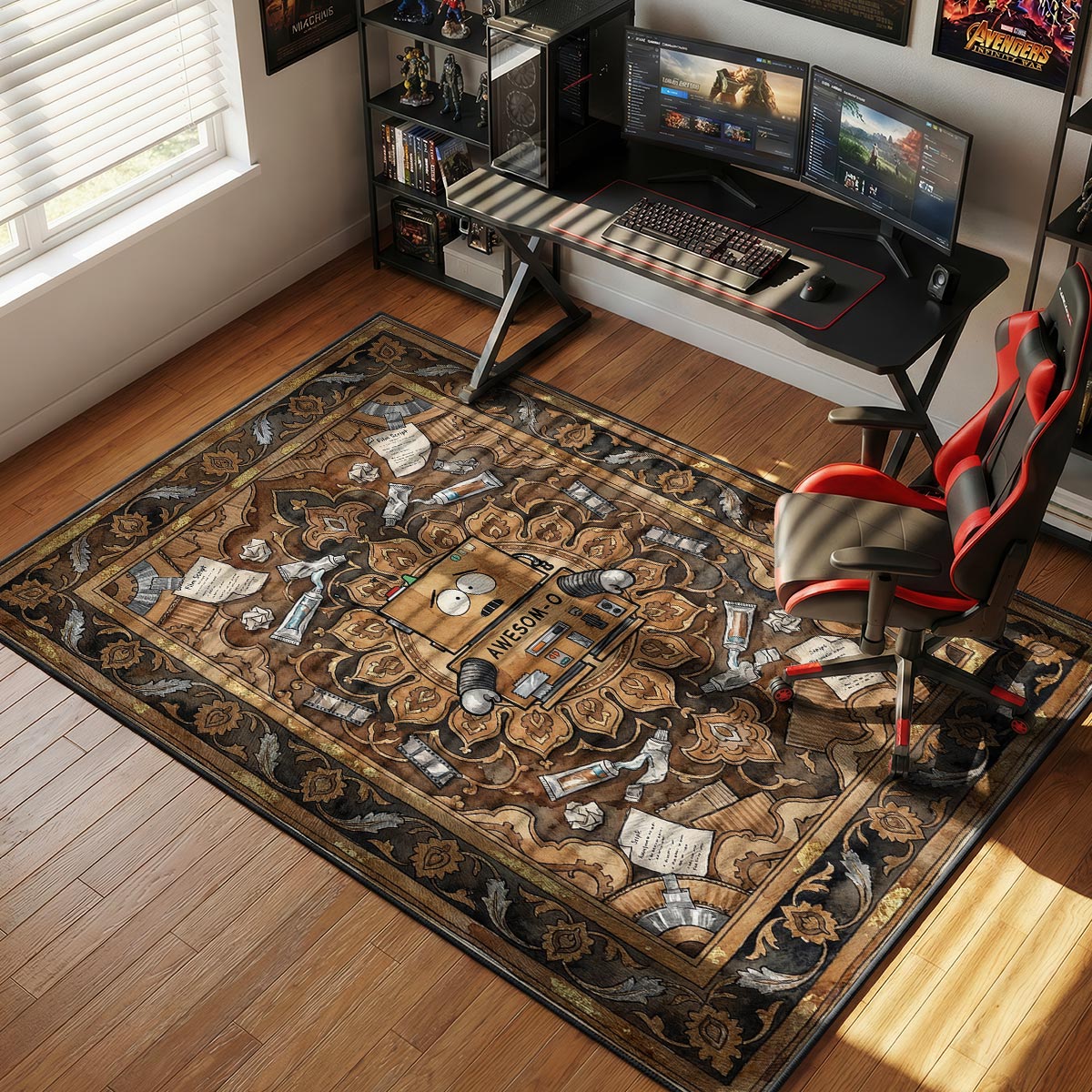 AWESOM-O rug placed in a home office with dark wood desk and warm shelf lighting