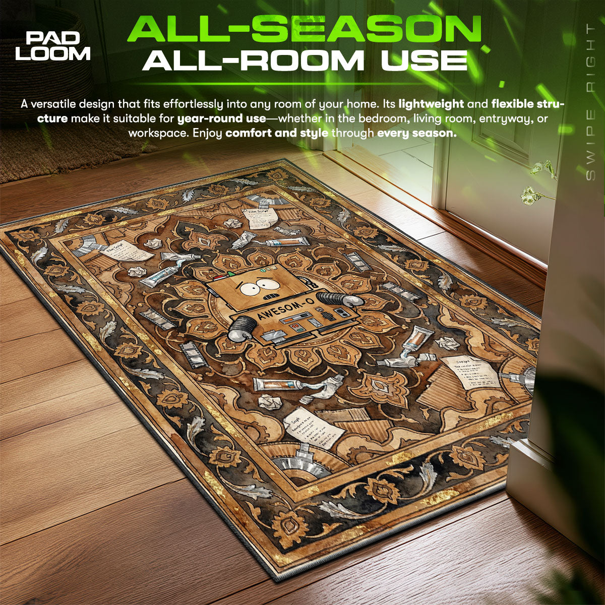 Detailed close-up of AWESOM rug pattern