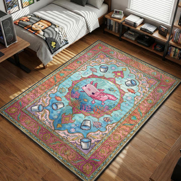 Pink Minecraft Axolotl swimming among tropical fish and buckets in ornamental style gaming area rug and floor mat