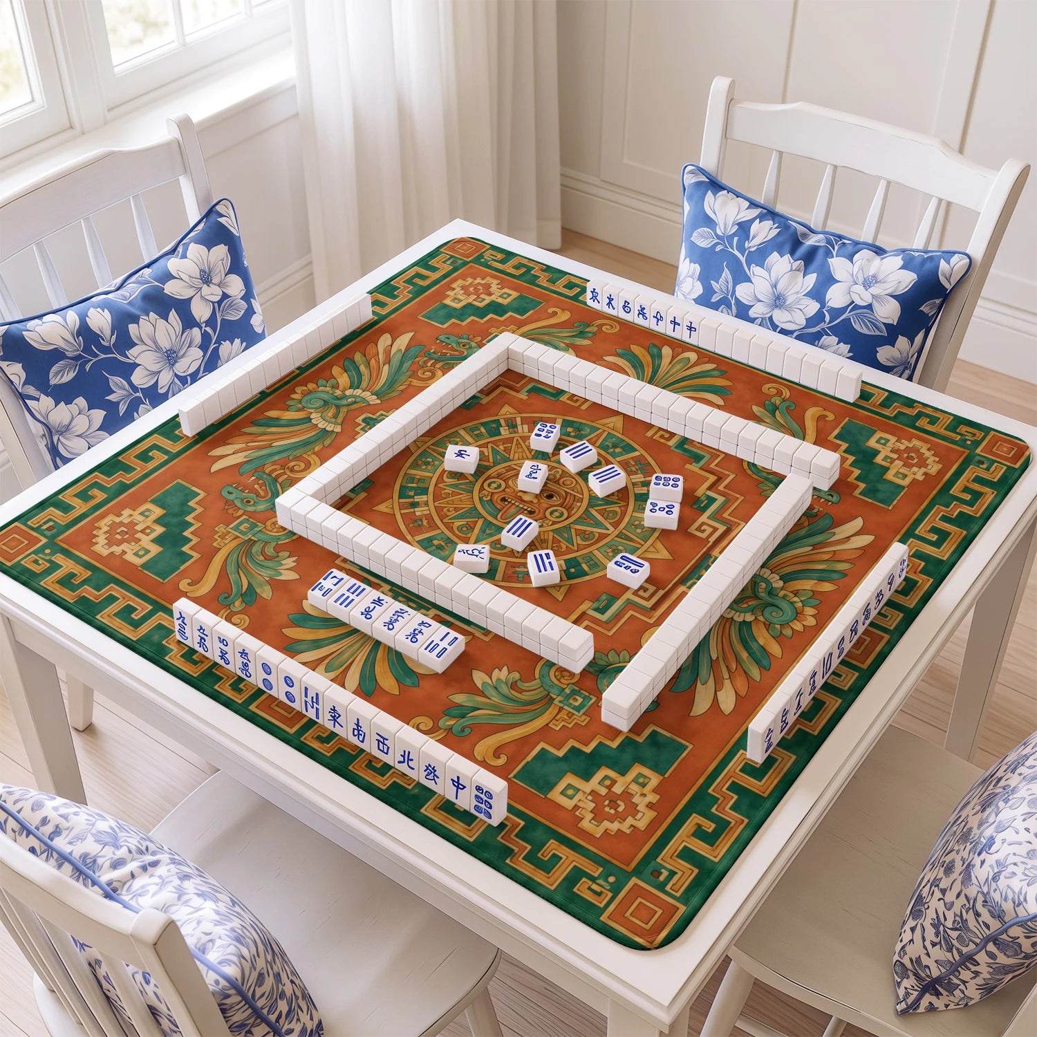 Aztec Sun mahjong mat with tiles and racks on the table