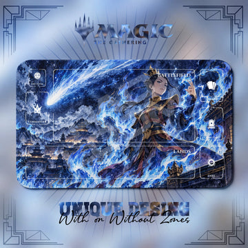 Azula Comet Avatar MTG playmat, blue and navy art with play zones, 24 x 14 in