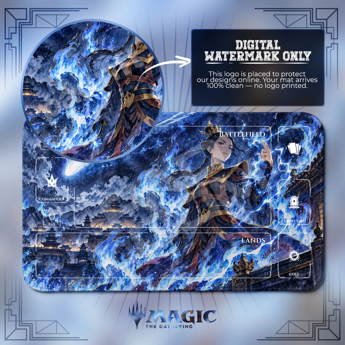 Azula Comet Avatar MTG playmat with zones; the Padloom watermark is digital only, not printed