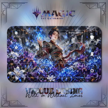 Azula Iris Avatar MTG playmat, blue and navy art with play zones, 24 x 14 in