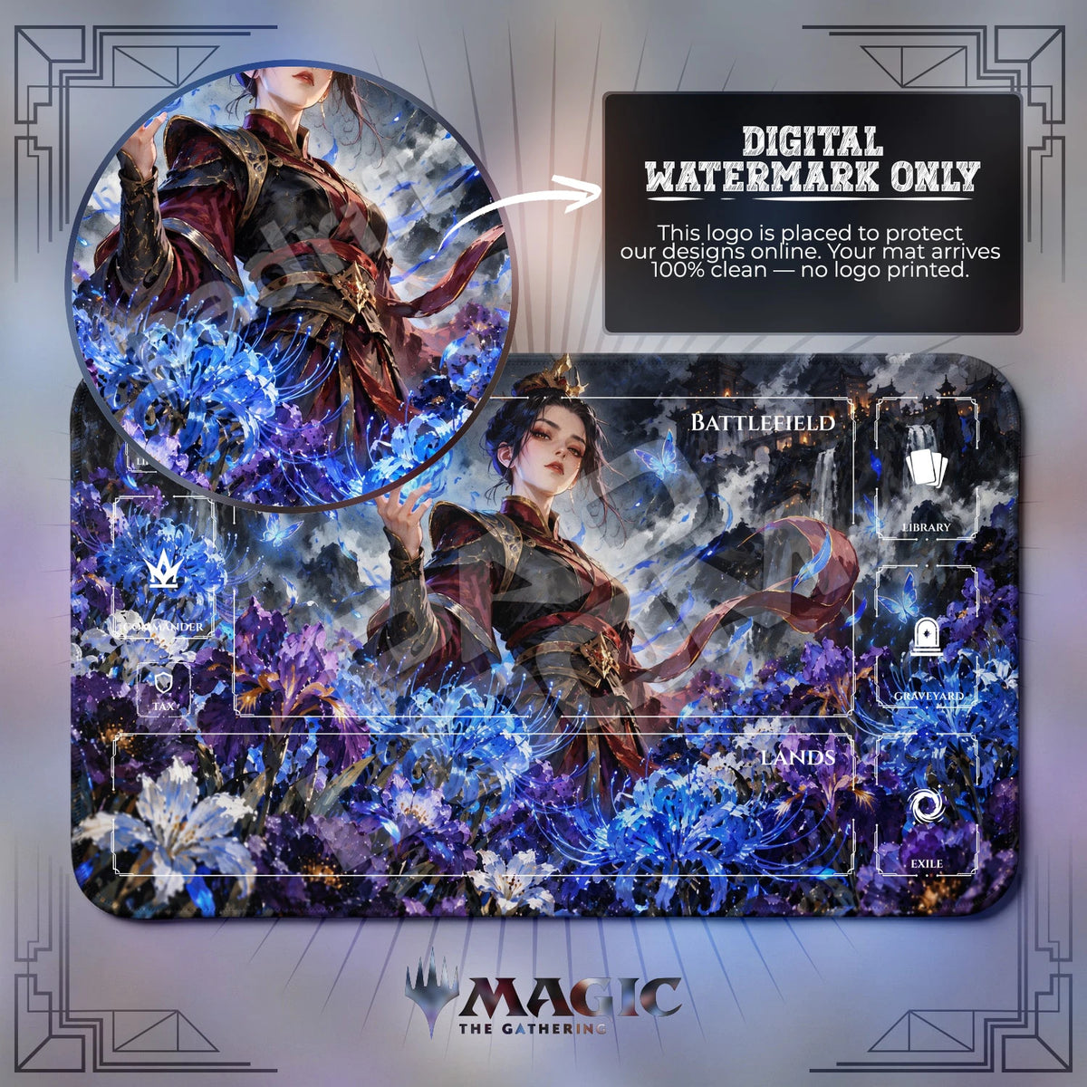 Azula Iris Avatar MTG playmat with zones; the Padloom watermark is digital only, not printed