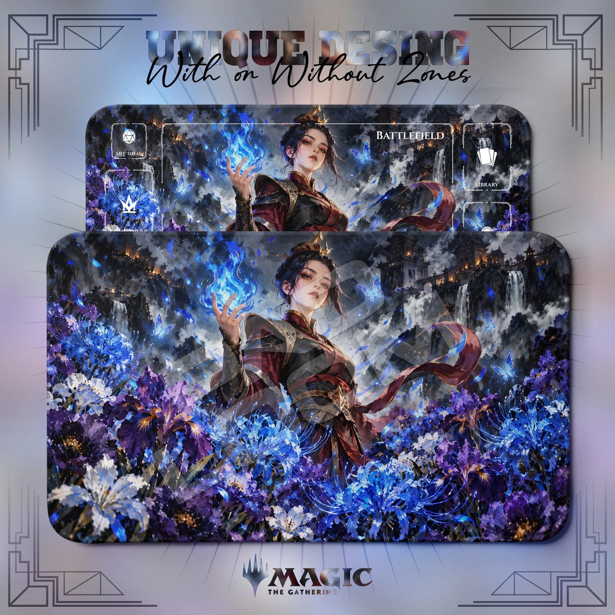 Azula Iris Avatar MTG playmat shown with zones and without zones