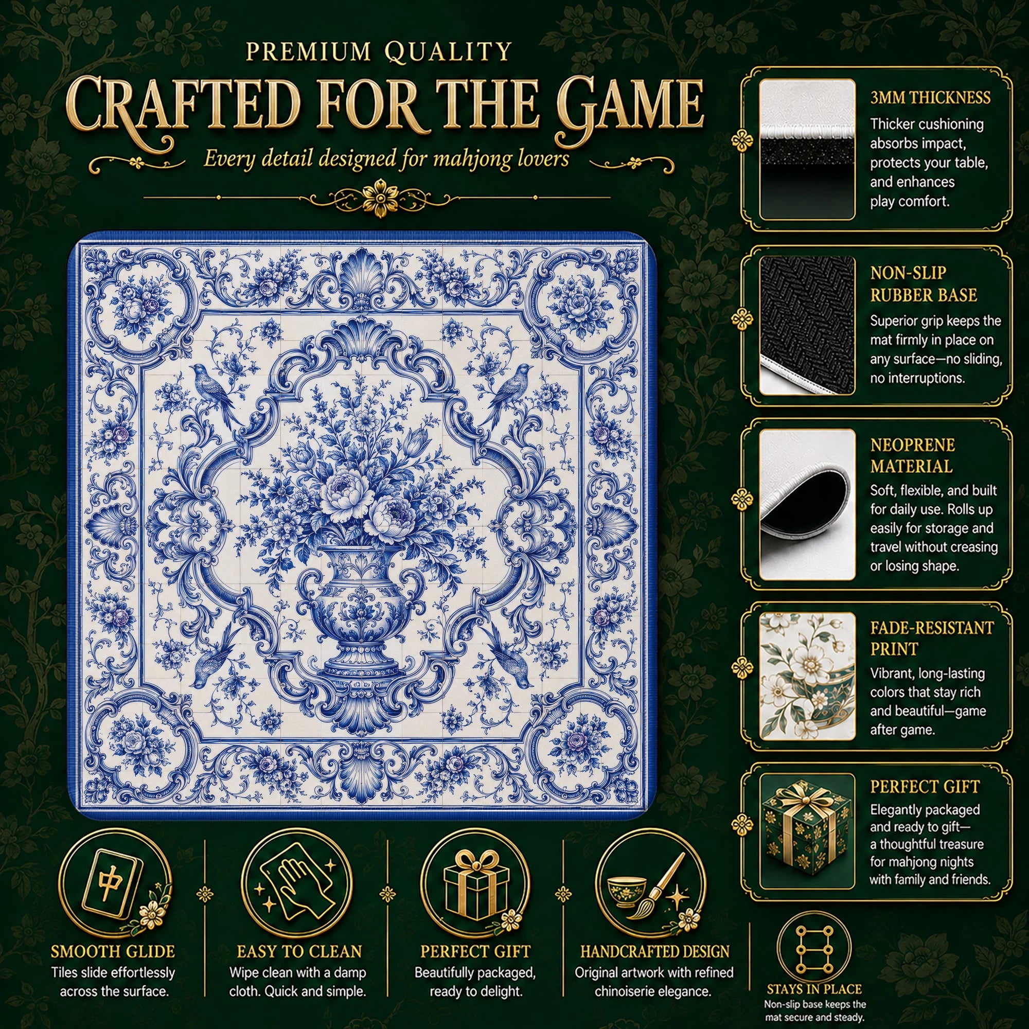 Azulejo Bouquet Mahjong Mat - Mah Jongg Mat