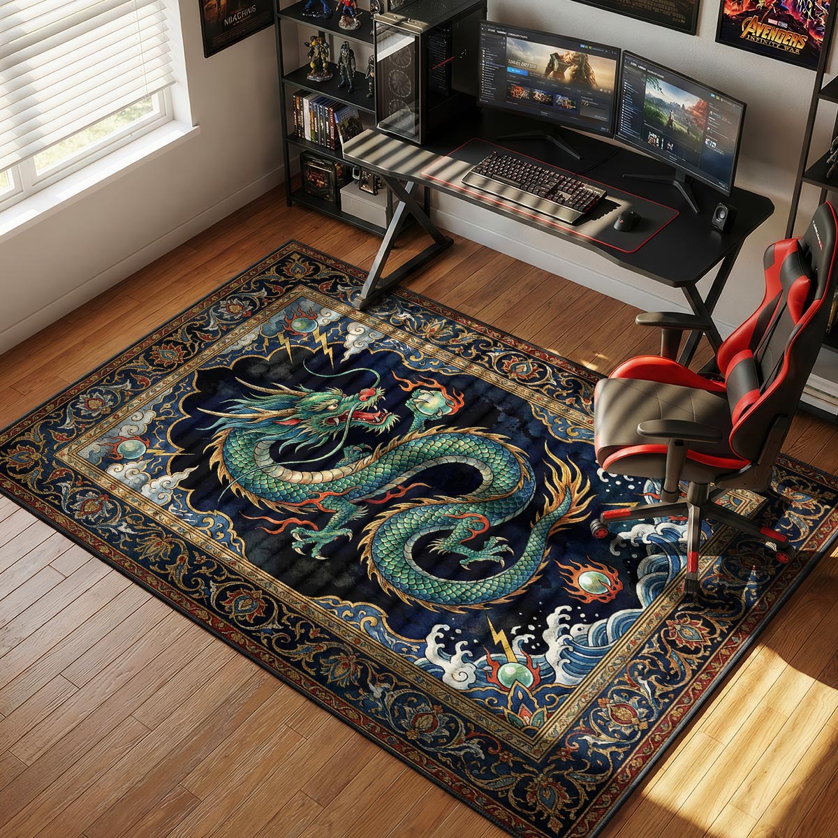 Azure Dragon rug placed in a dark living room with jade accents and warm gold lighting