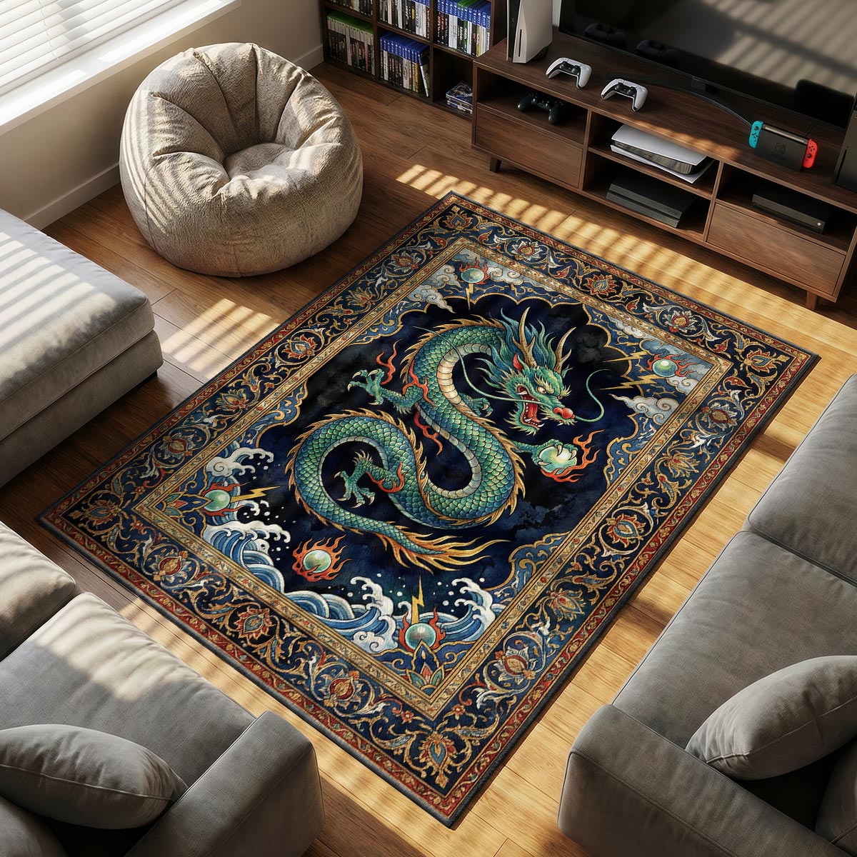 Close-up of dragon rug showing teal scale detail and flaming pearl glow on velvet surface