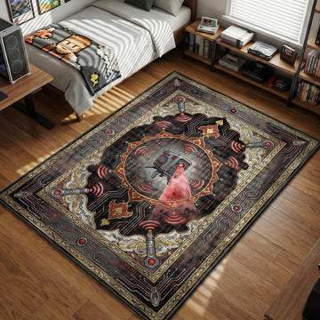 B-12 drone emitting red signal waves with ornate circuit board border style gaming area rug and floor mat