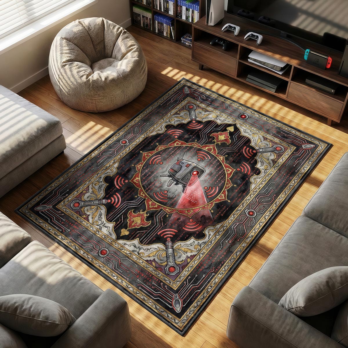 B Tech themed area rug for home decor fans