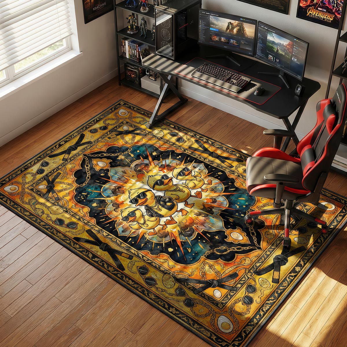 Baby Ducks rug placed in a bright game room with yellow accent wall and modern furniture