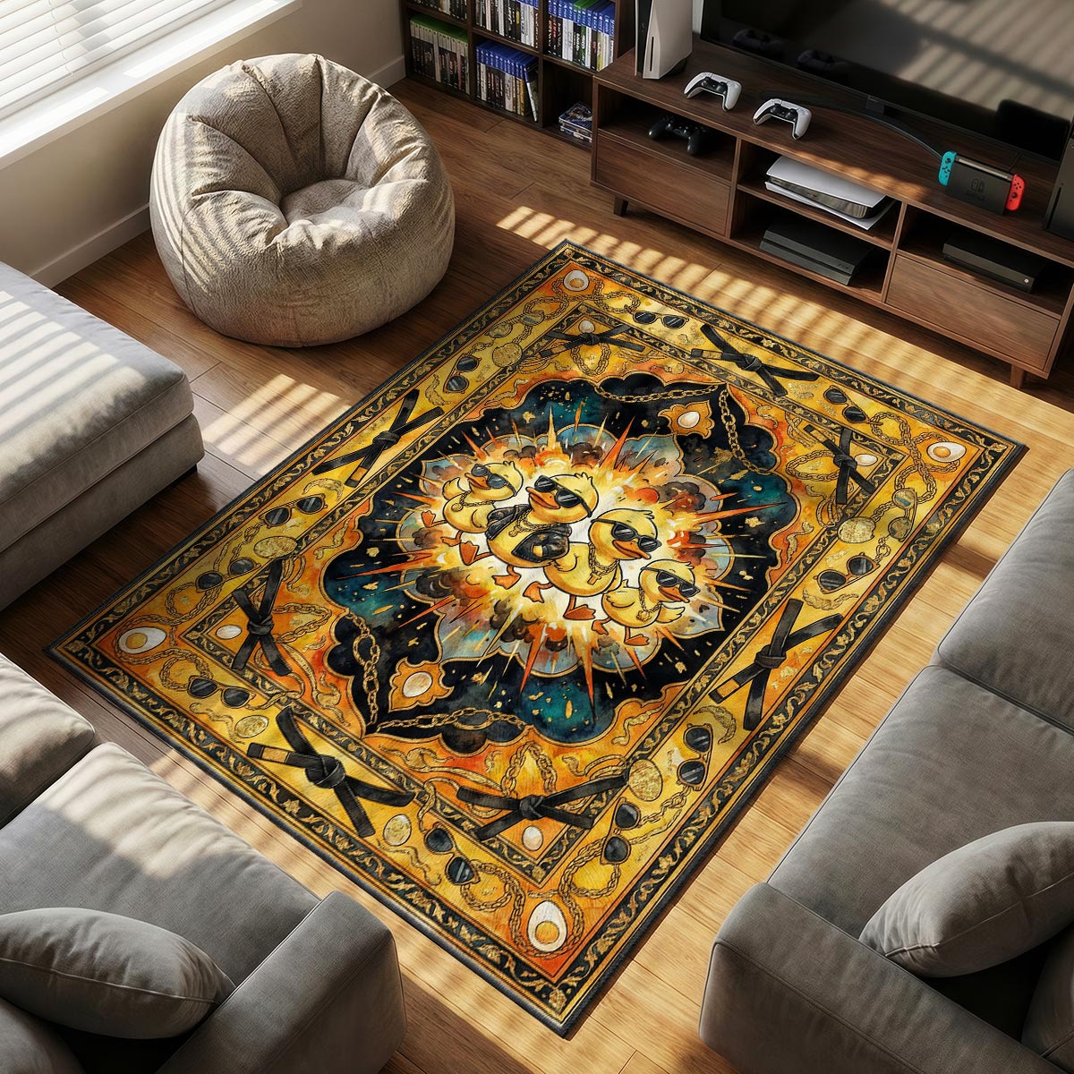 Close-up of Baby Ducks area rug showing gold chain border detail and warm yellow velvet texture