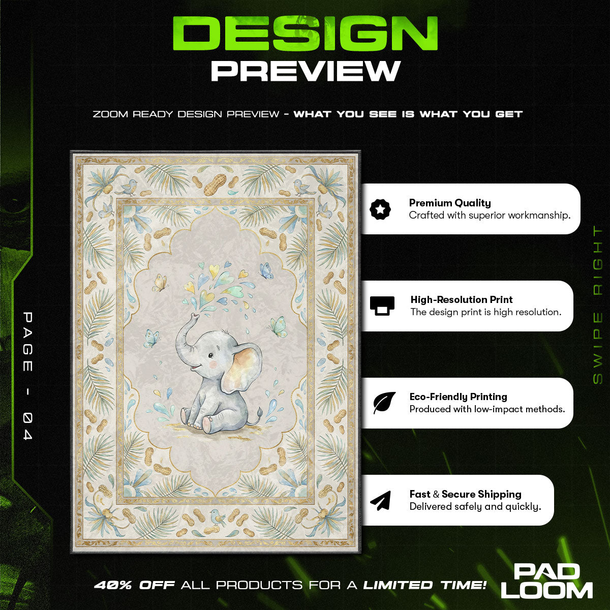 Baby Elephant Butterflies Rug - Kids Floor Mat