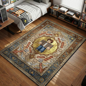 Roblox Bacon Hair avatar surrounded by crispy bacon strips and classic smile faces in ornate border gaming area rug and floor mat