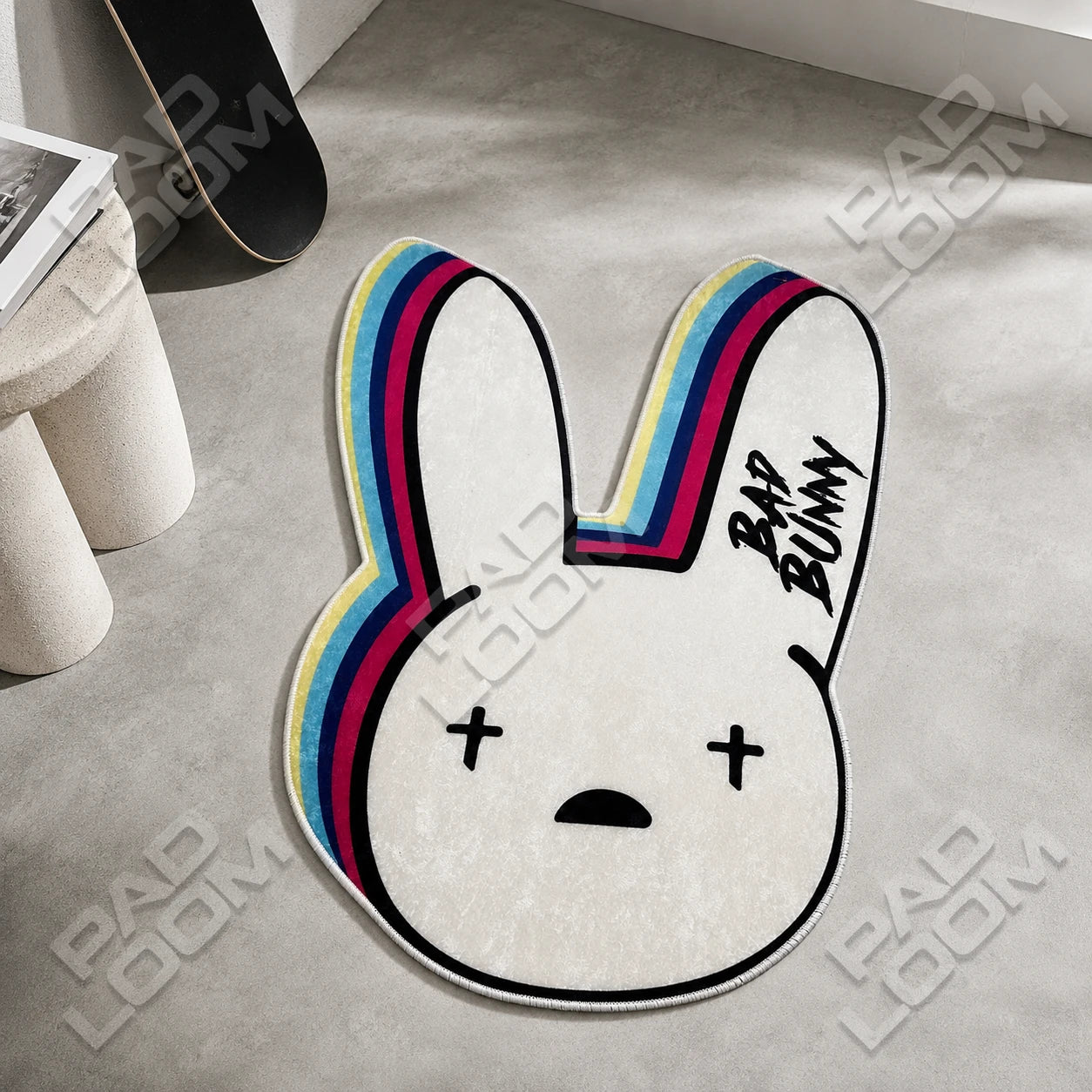 Bad Bunny shaped rug shown in a room setting