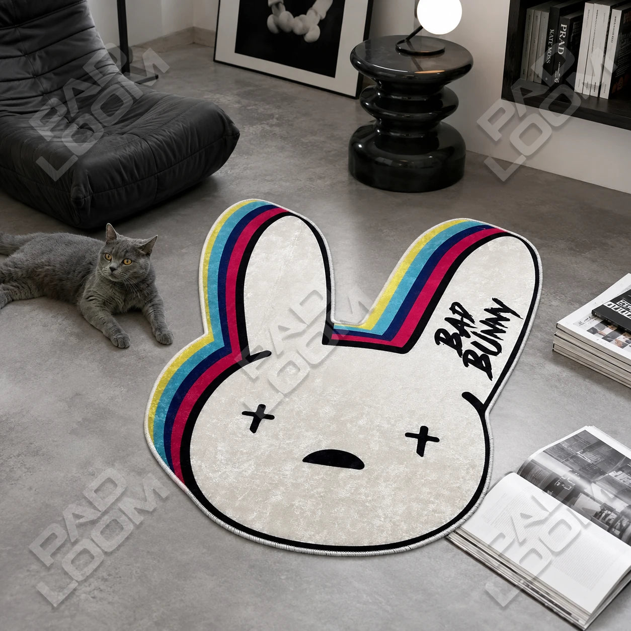 Bad Bunny shaped rug close-up, soft washable pile