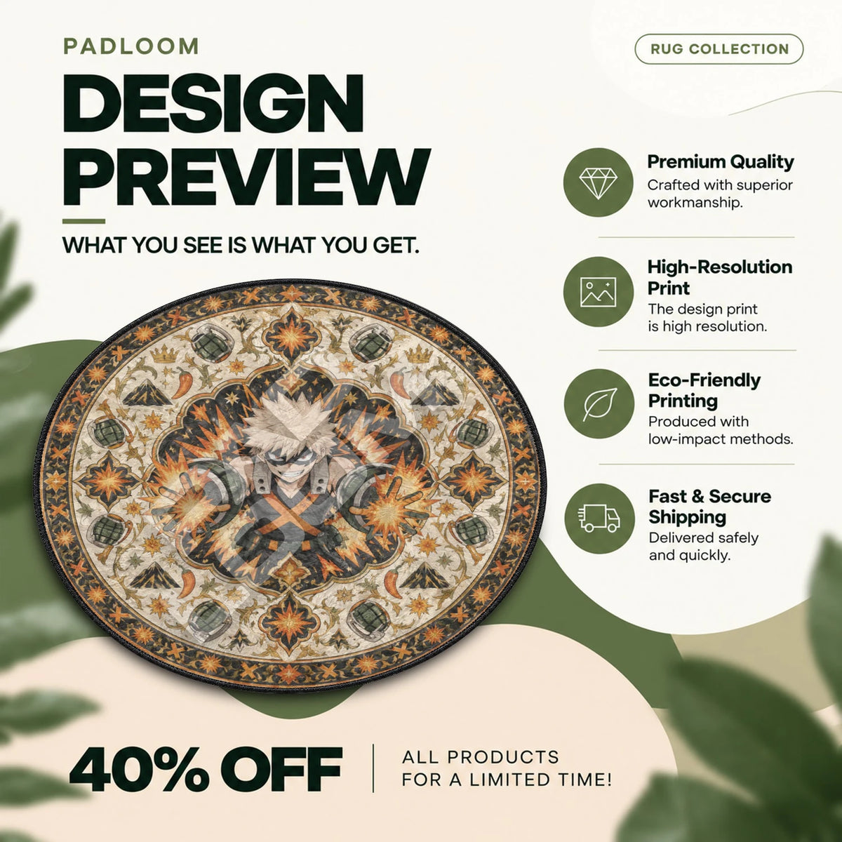 Bakugo Blasting My Hero Academia round rug full design preview