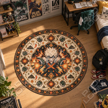 Bakugo Blasting My Hero Academia round rug on a bedroom floor - My Hero Academia chair mat