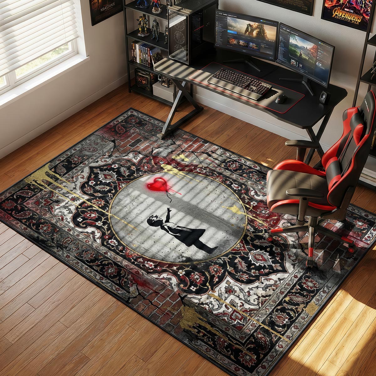 Balloon girl rug placed in a loft apartment with exposed brick wall and industrial shelving