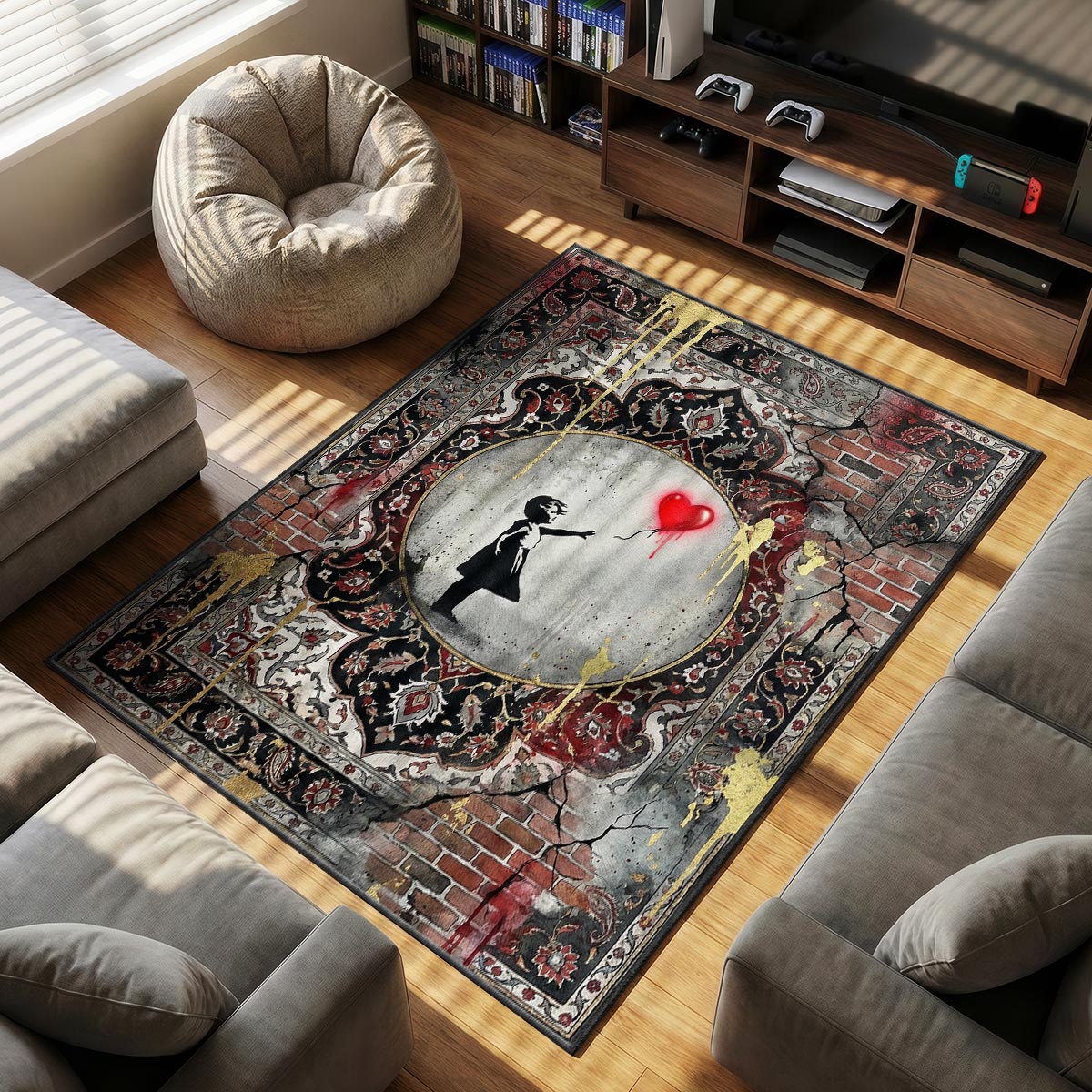 Close-up of balloon girl rug showing red heart balloon spray-paint glow and cracked plaster on velvet