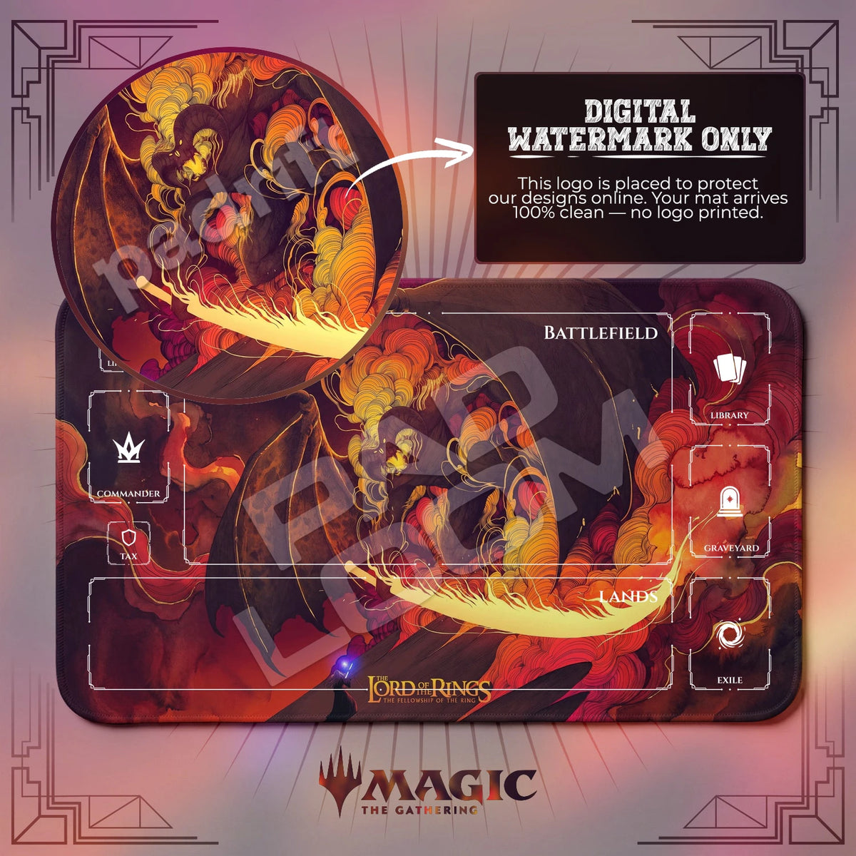 Balrog Bridge MTG playmat with zones; the Padloom watermark is digital only, not printed