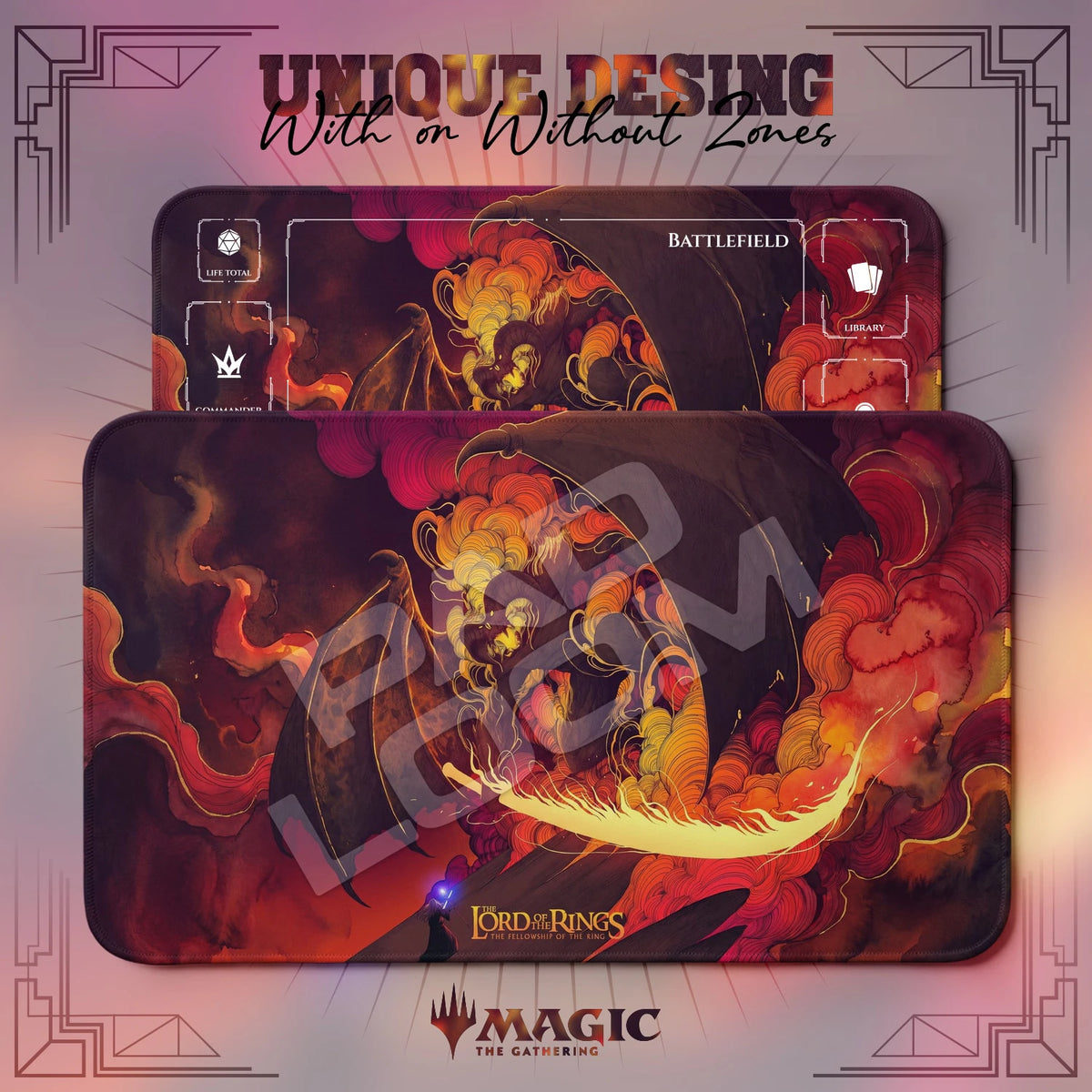 Balrog Bridge MTG playmat shown with zones and without zones