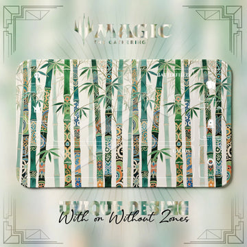 Bamboo Ornate MTG playmat, white and green art with play zones, 24 x 14 in