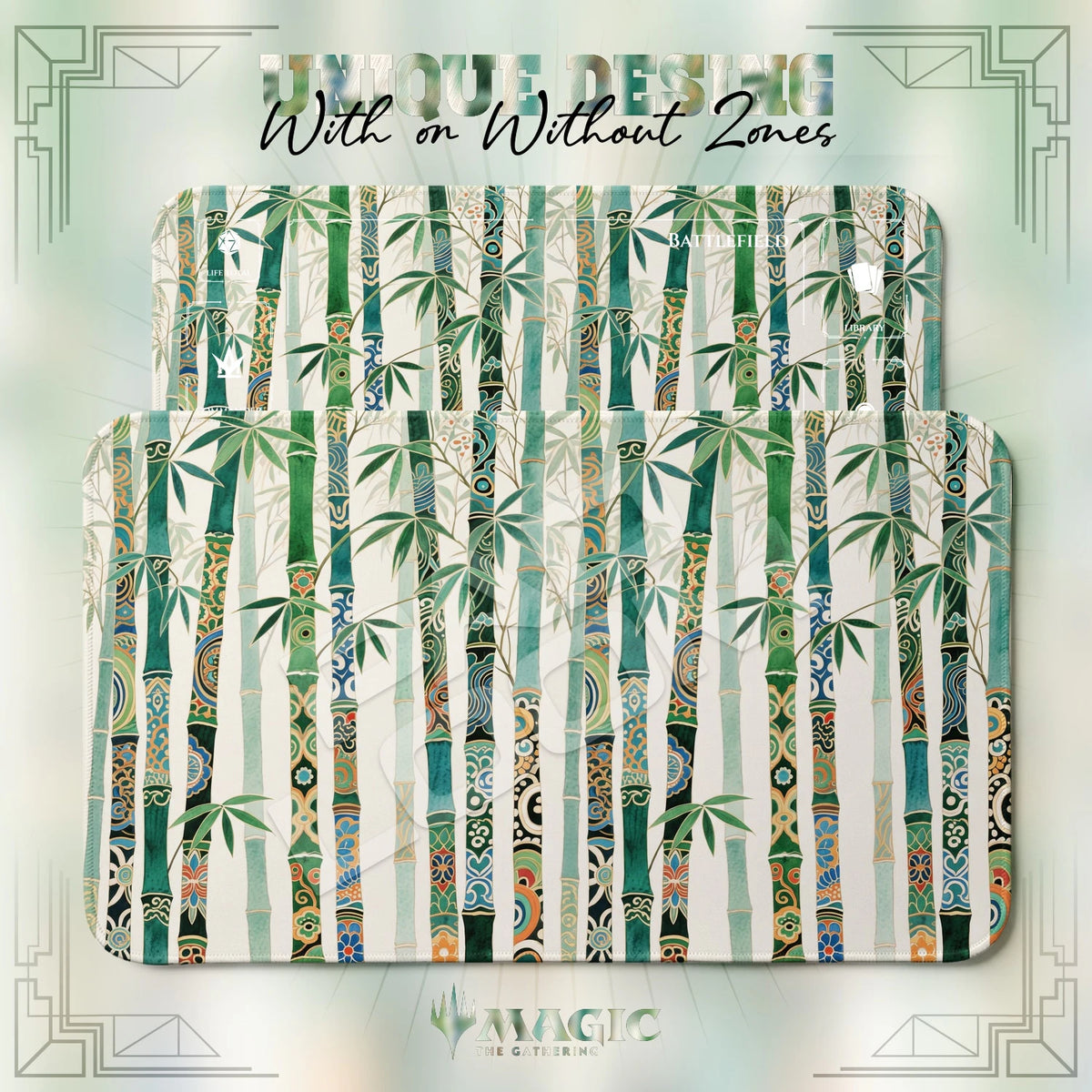Bamboo Ornate MTG playmat shown with zones and without zones