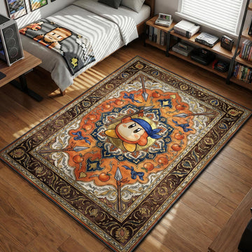 Bandana Waddle Dee wielding a spear surrounded by apples and ornate patterns in a tapestry style gaming area rug and floor mat