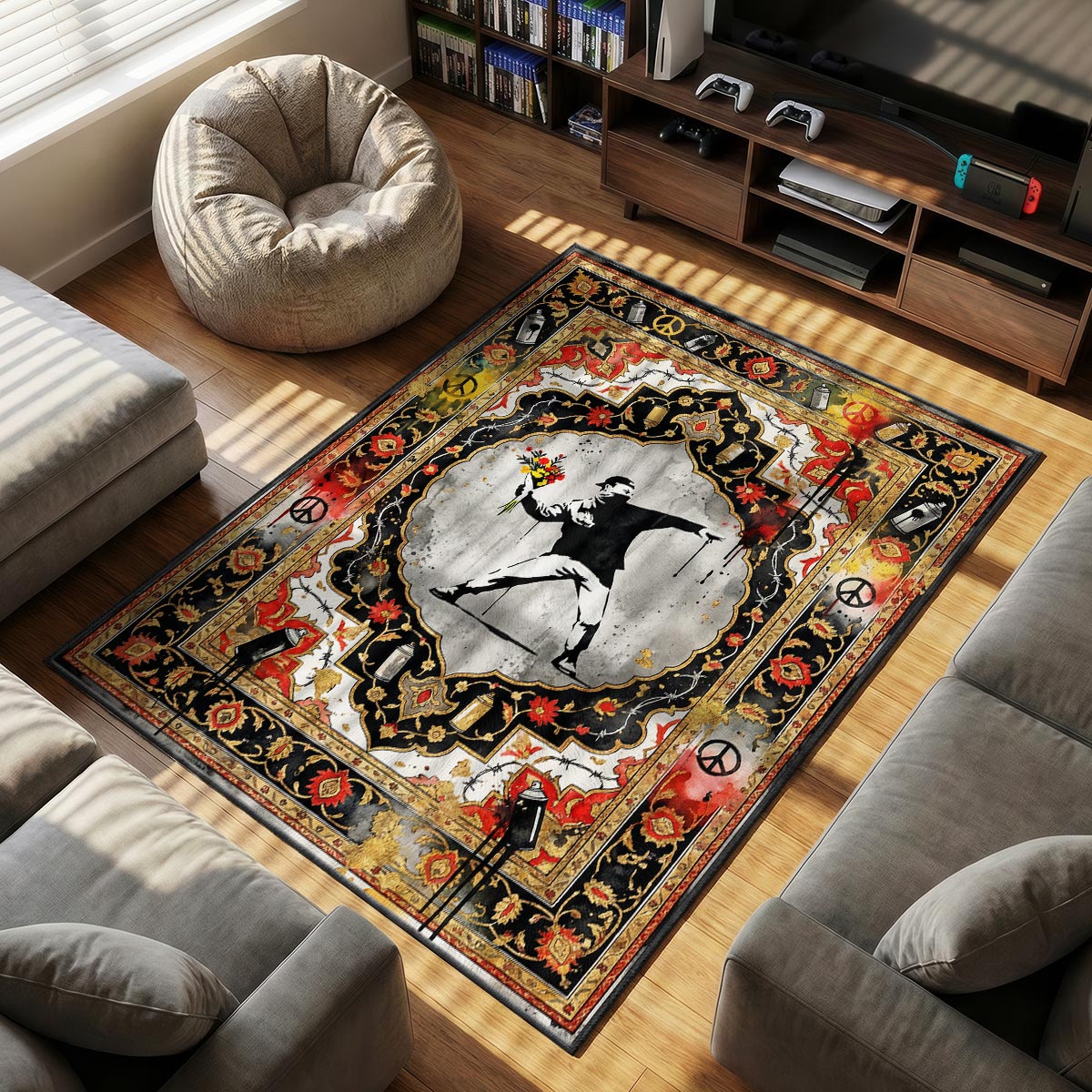 Banksy Flower themed area rug for home decor fans