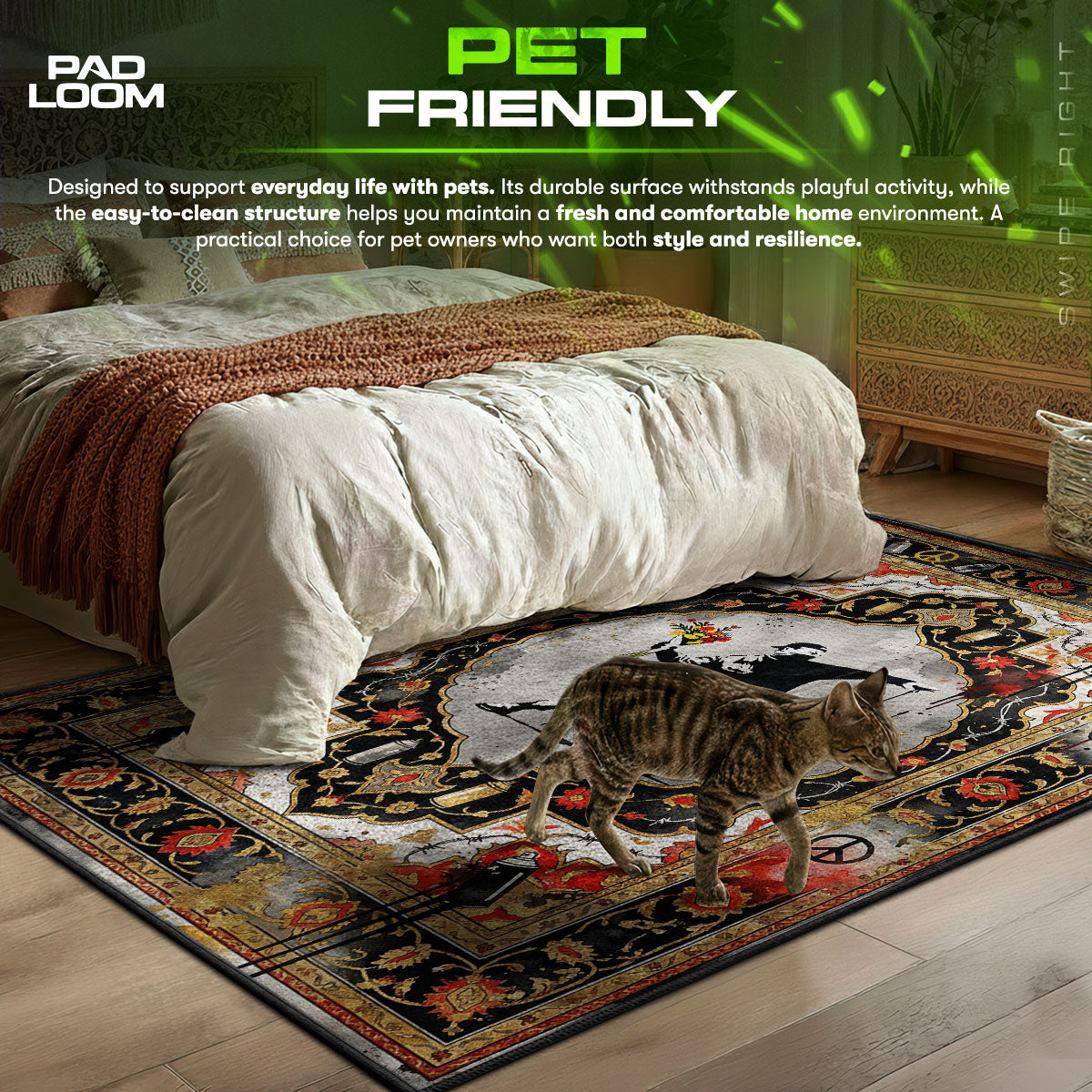 Detailed close-up of Banksy rug pattern