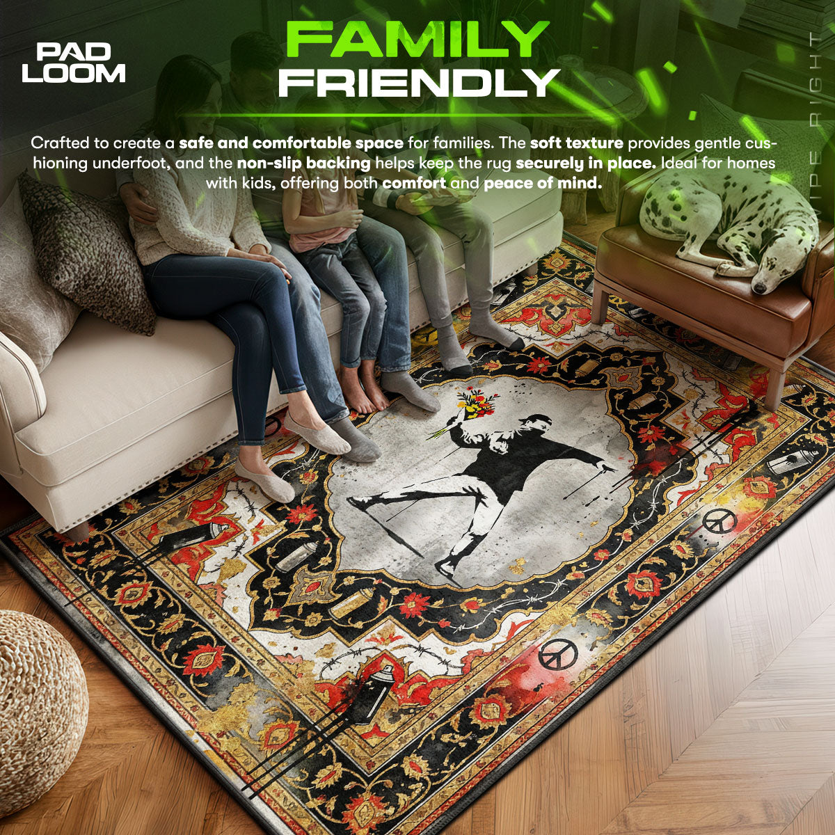 Banksy area rug showing full home decor artwork