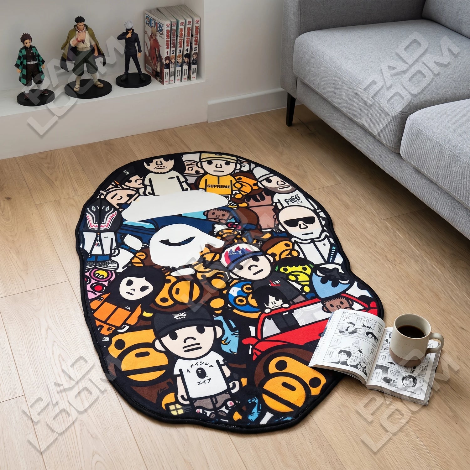 Bape Ape Head shaped rug shown in a room setting