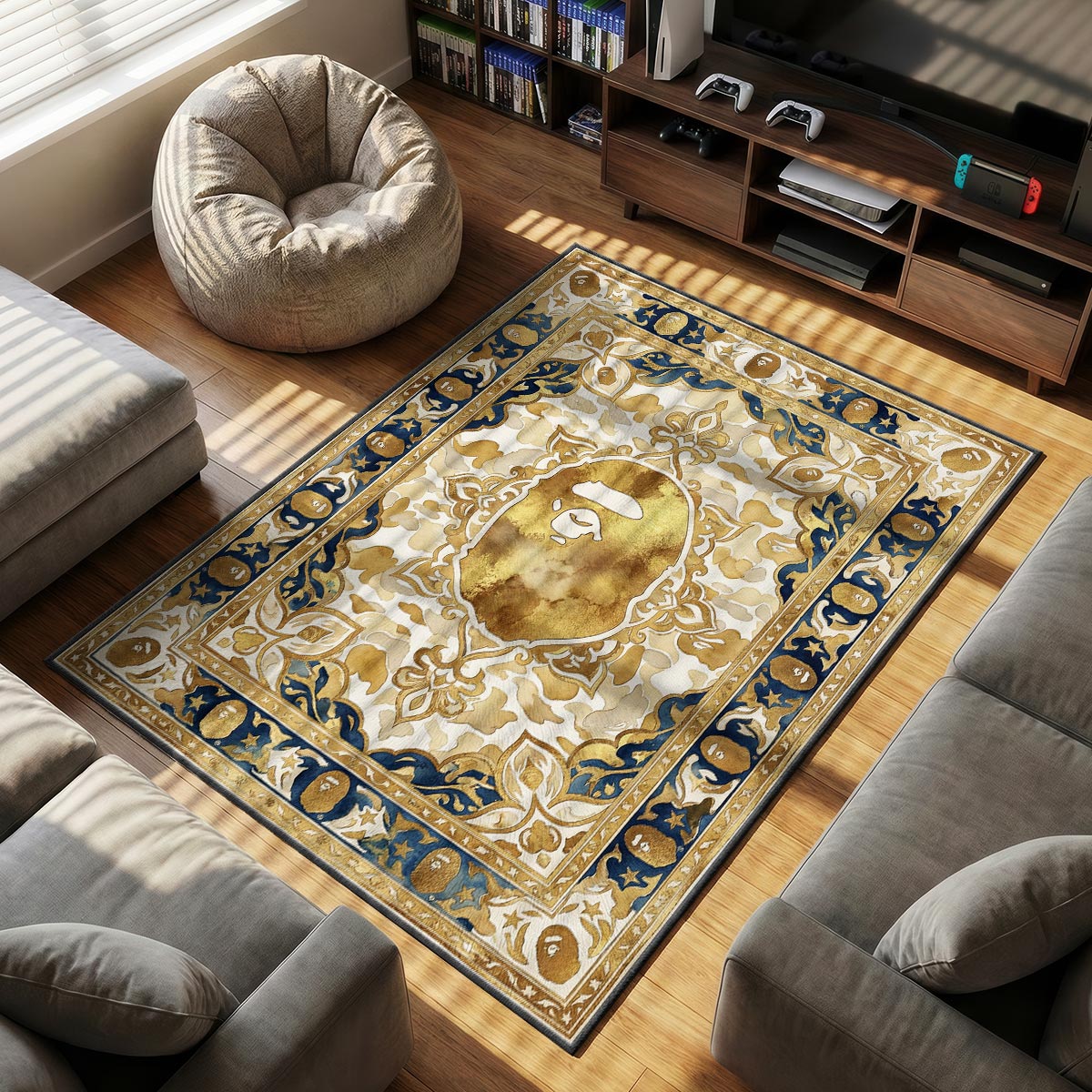 BAPE Gold themed area rug for home decor fans