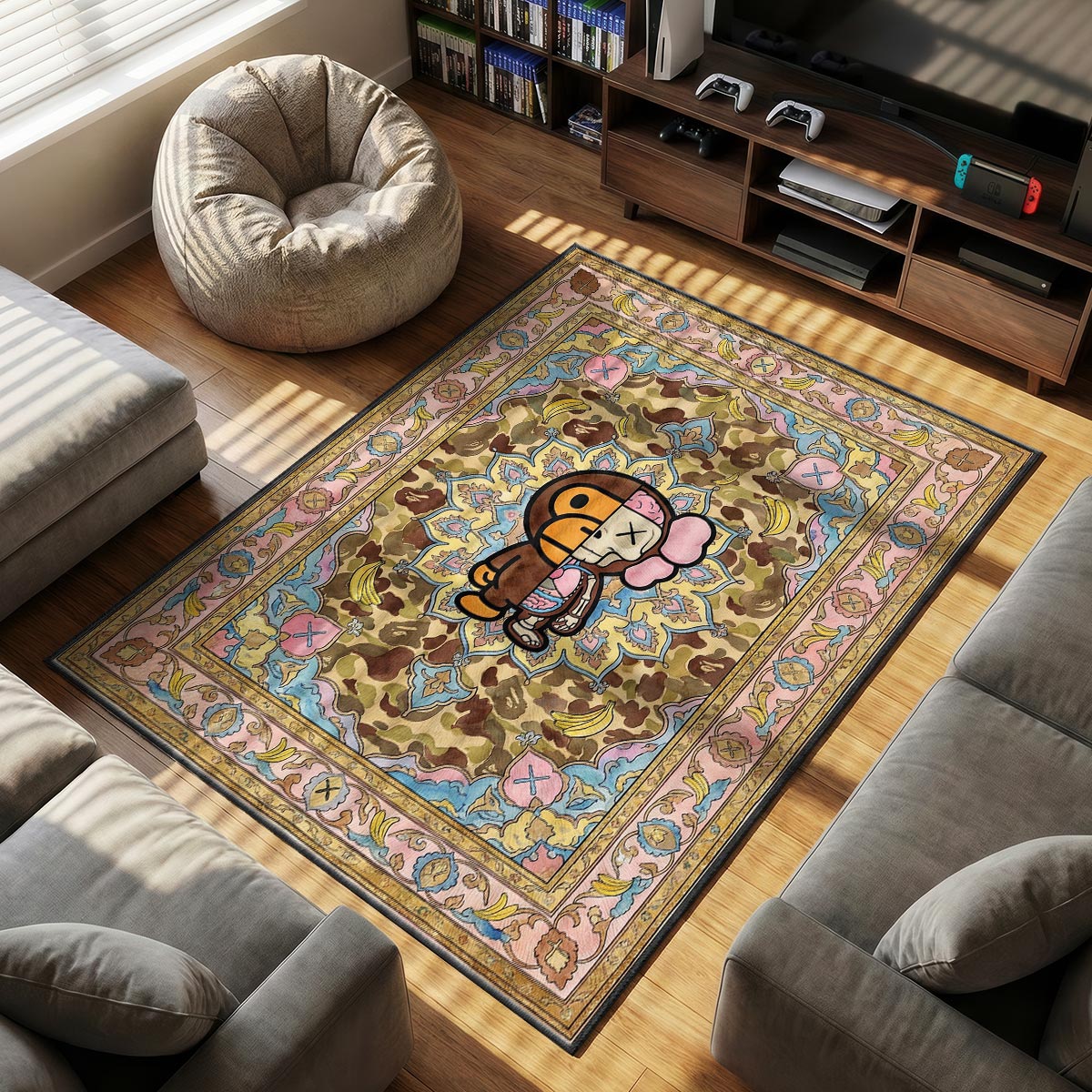 BAPE KAWS themed area rug for home decor fans
