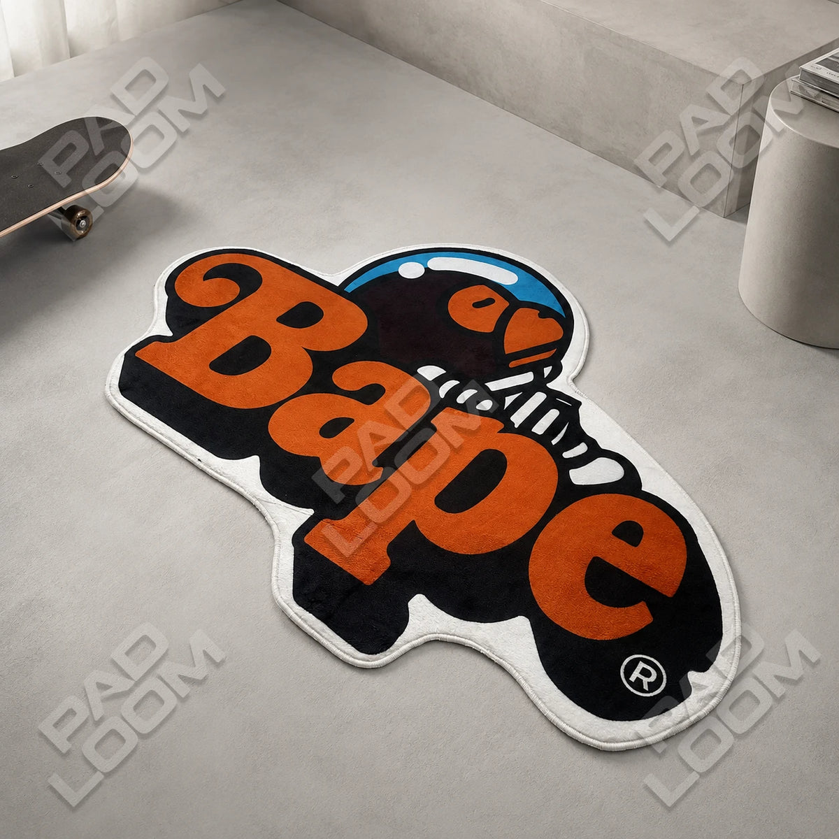 Bape Logo shaped rug shown in a room setting