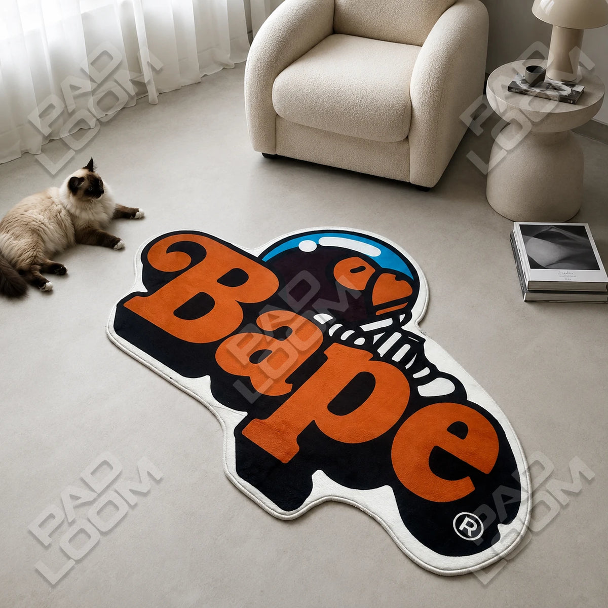 Bape Logo shaped rug close-up, soft washable pile