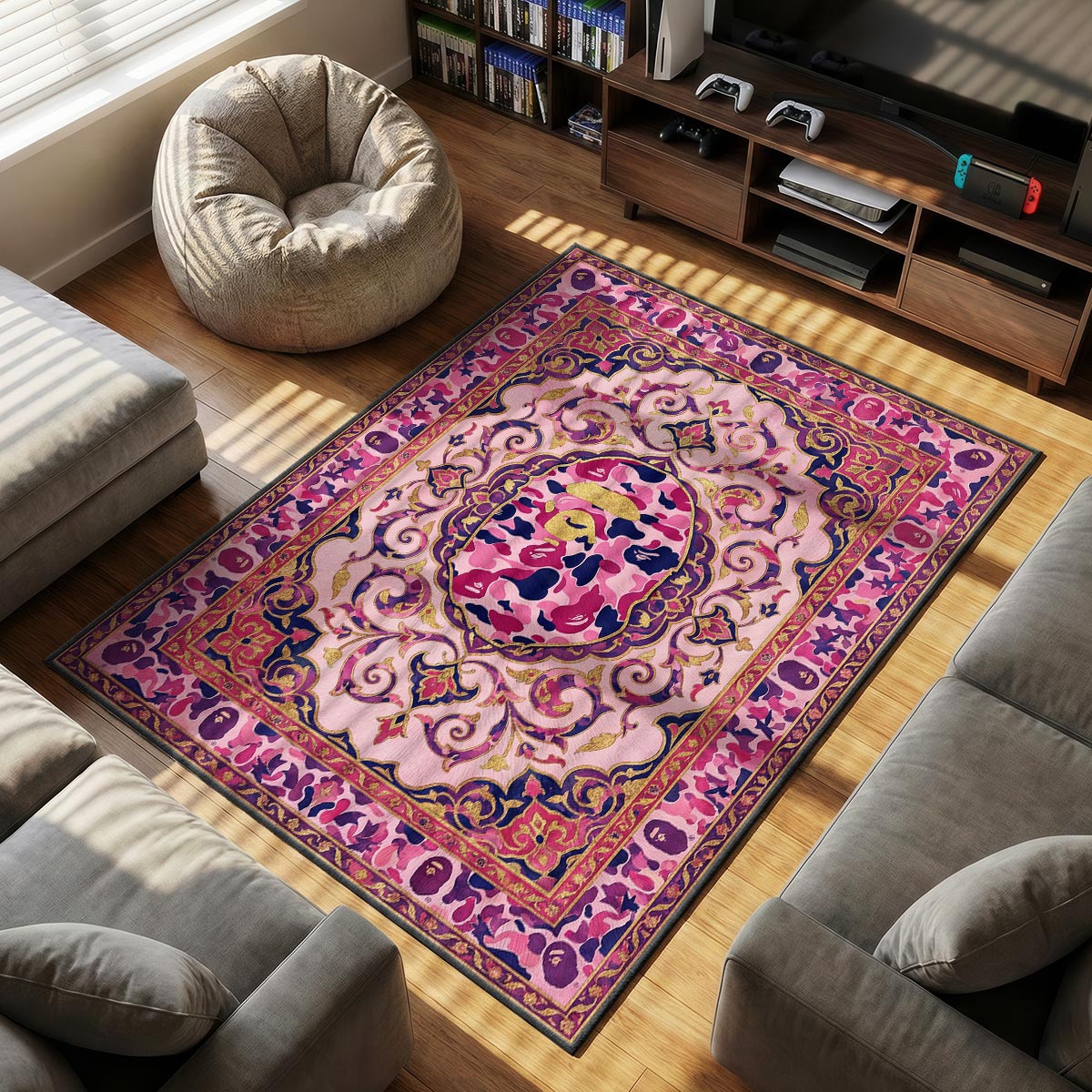 BAPE Pink themed area rug for home decor fans