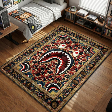 A Bathing Ape Shark Face Camo Red Blue Brown hypebeast area rug