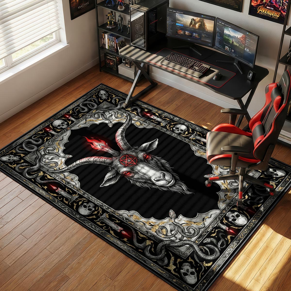 Baphomet flame rug placed in a dark room with black walls and dim red ambient lighting